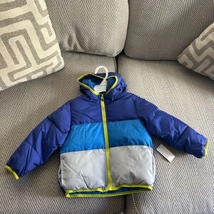 Blue and Gray Hooded Puffer Jacket